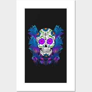 Blue Purple Floral Sugar Skull Day Of The Dead Posters and Art